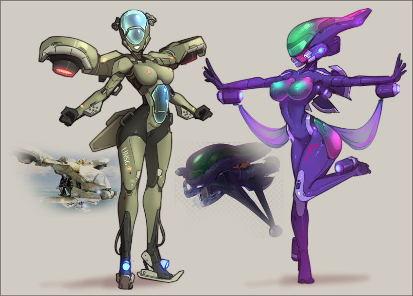 2girls arm_cannon armor banshee_(halo) breasts cockpit colored_skin commentary english_commentary full_body glowing_nipples green_skin halo:_combat_evolved halo_(game) helmet highres justrube large_breasts mecha_musume metal_skin multiple_girls neon_trim no_eyes outstretched_arms personification photo_inset power_armor purple_skin skin_tight thrusters wasp_(halo) weapon