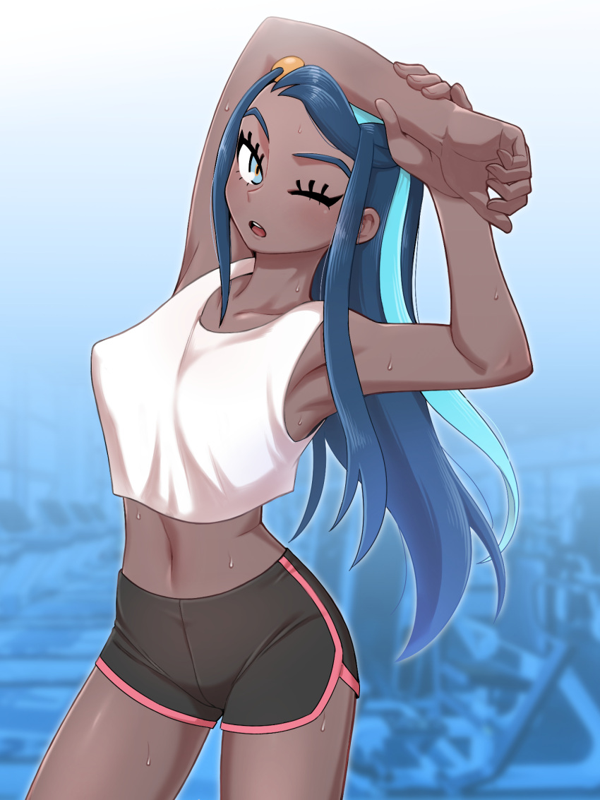 1girl alternate_costume bare_arms blush breasts collarbone commentary covered_nipples dark_skin dark-skinned_female eyelashes gym_leader hand_on_own_wrist highres long_hair looking_at_viewer multicolored_hair navel nessa_(pokemon) nutkingcall one_eye_closed open_mouth pokemon pokemon_(game) pokemon_swsh solo stretch sweat teeth tongue two-tone_hair