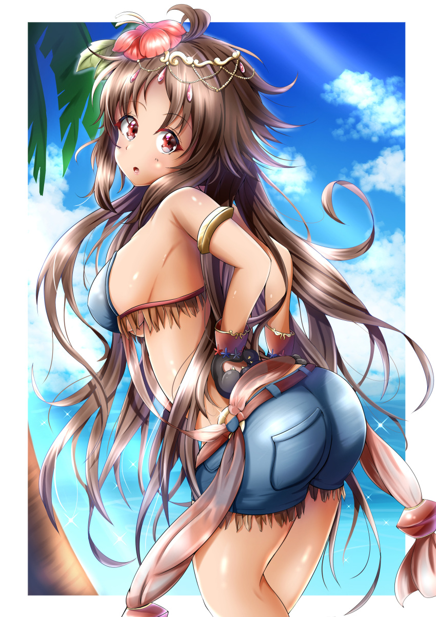 1girl :o absurdres ahoge arms_behind_back bangs bare_shoulders beach breasts brown_hair clouds dark_skin dark-skinned_female eyebrows_visible_through_hair floating_hair flower gloves hair_flower hair_ornament headpiece highres kaori_(princess_connect!) large_breasts leaf long_hair looking_at_viewer open_mouth palm_tree parted_lips paws princess_connect! princess_connect!_re:dive red_eyes red_flower short_shorts shorts sideboob sky solo summer swimwear takemura_kou thighs tree very_long_hair