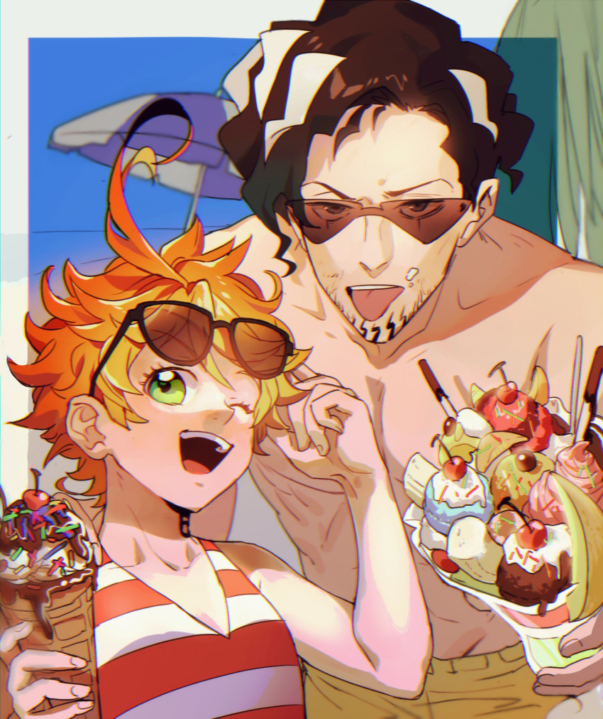 1boy 1girl ;d ahoge banana beach beach_umbrella black_hair blue_sky border cherry chinese_commentary chocolate commentary_request cream cream_on_face emma_(yakusoku_no_neverland) eyelashes eyewear_on_head facial_hair food food_on_face fruit highres holding holding_food ice_cream ice_cream_cone looking_at_viewer male_swimwear multicolored_hair neck_tattoo ocean one-piece_swimsuit one_eye_closed open_mouth orange_hair orange_swimsuit outdoors palm_tree parfait partial_commentary pocky qin_(7833198) shirtless short_hair sky smile sprinkles striped striped_swimsuit stubble sunglasses swim_trunks swimsuit swimwear tattoo tongue tongue_out tree two-tone_hair umbrella upper_teeth waffle_cone wavy_hair white_hair yakusoku_no_neverland yuugo_(yakusoku_no_neverland)