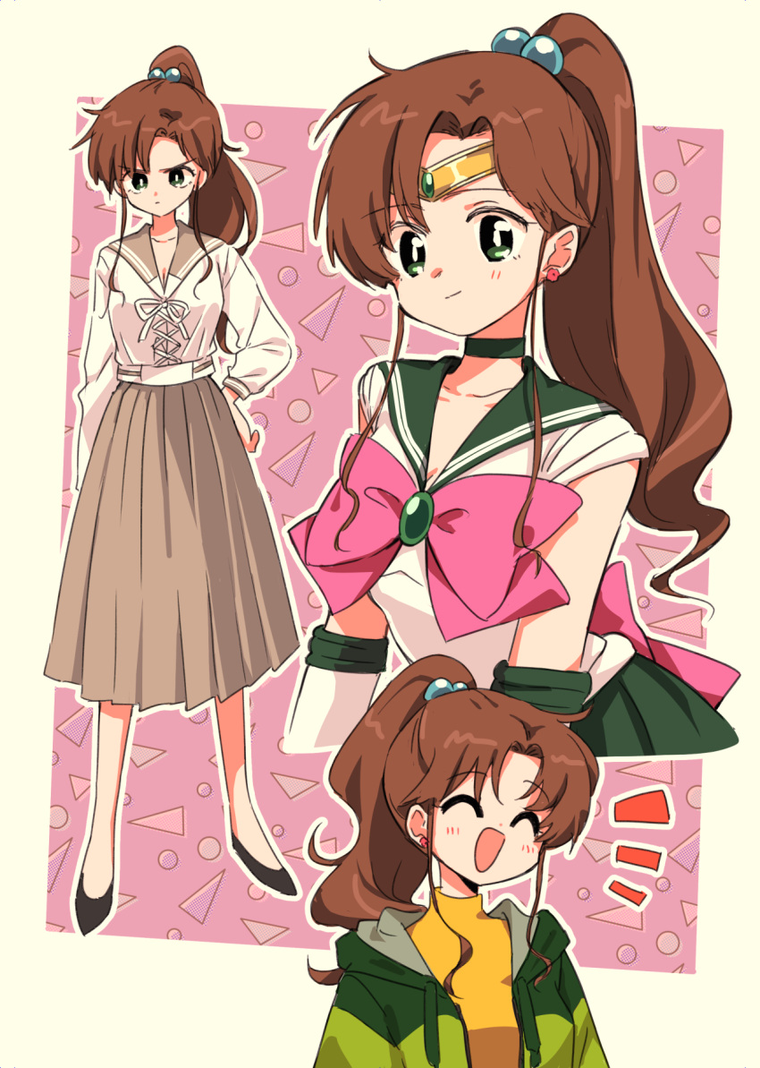 1990s_(style) 1girl :d ^_^ arm_at_side bangs bishoujo_senshi_sailor_moon black_footwear bobbles border bow brooch brown_hair brown_sailor_collar brown_skirt choker closed_eyes collarbone commentary earrings elbow_gloves emphasis_lines furrowed_eyebrows gem geometric_pattern gloves green_choker green_eyes green_jacket green_sailor_collar green_skirt hand_on_hip highres jacket jewelry kino_makoto lace-up_top large_bow light_blush long_hair long_skirt matsuda_hikari multiple_persona open_mouth outside_border pink_background pink_bow ponytail retro_artstyle sailor_collar sailor_jupiter sailor_moon school_uniform serafuku shirt shoes skirt smile smirk swept_bangs tiara turtleneck white_gloves white_shirt yellow_background yellow_shirt