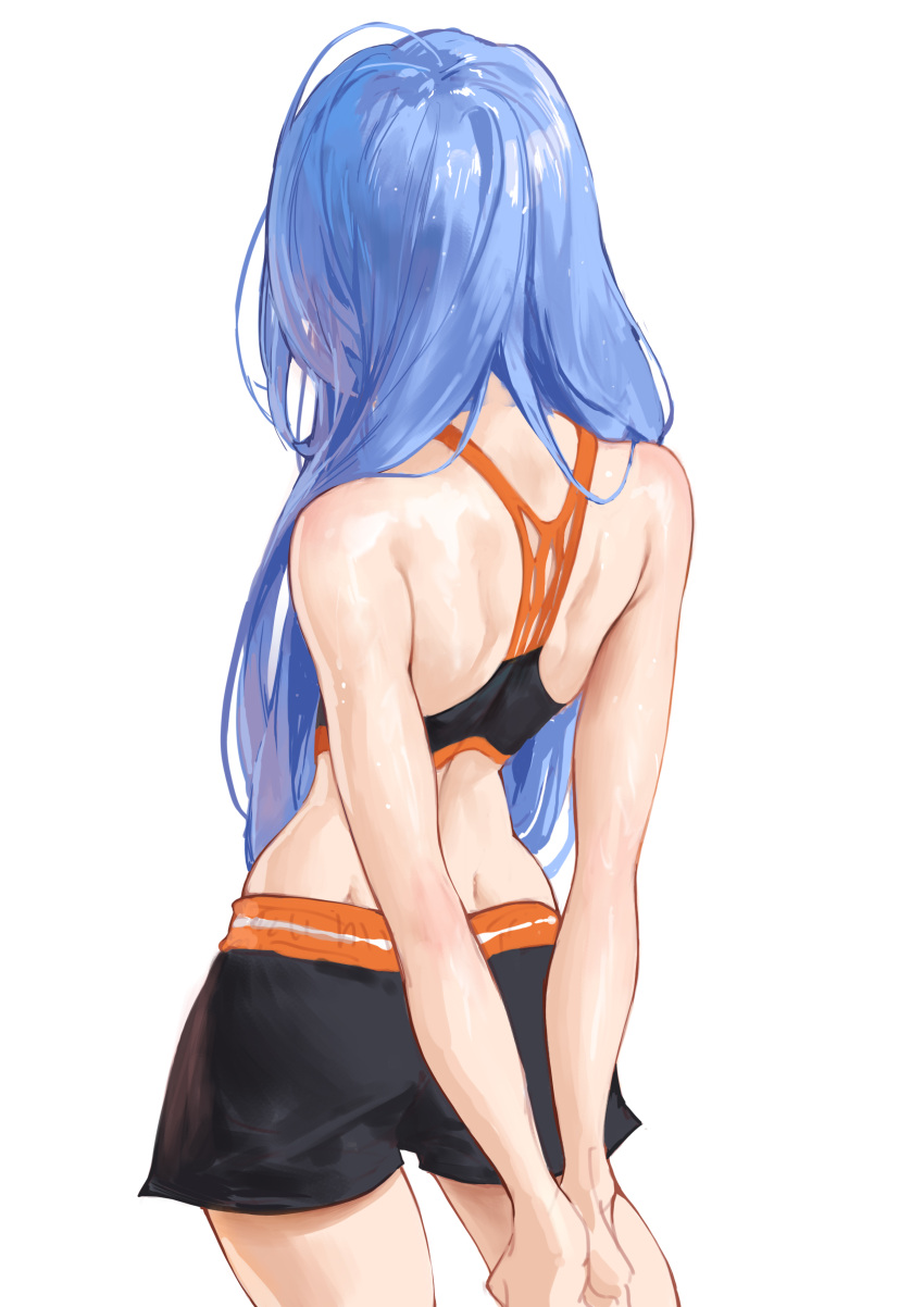 1girl absurdres arms_behind_back bare_shoulders black_shorts black_sports_bra blue_hair borrowed_character charles_(106858) dimples_of_venus facing_away from_behind highres long_hair minah_(chaesu) original shorts shoulder_blades simple_background solo sports_bra white_background