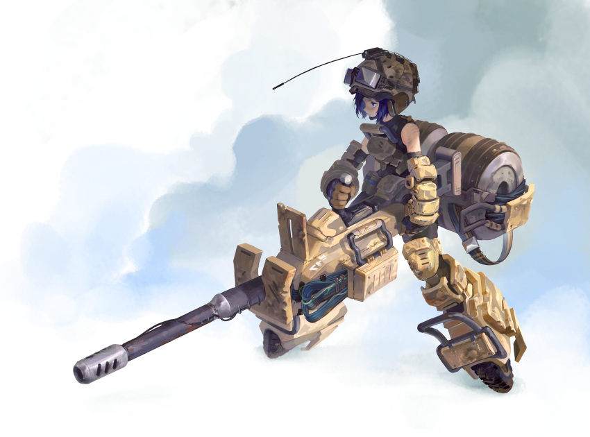 1girl absurdres armor bare_shoulders blue_hair cable camouflage cannon desert_camouflage elbow_gloves english_commentary full_body gauntlets gloves goggles goggles_on_headwear gun helmet highres mecha_musume original solo vexxxxa weapon wheel