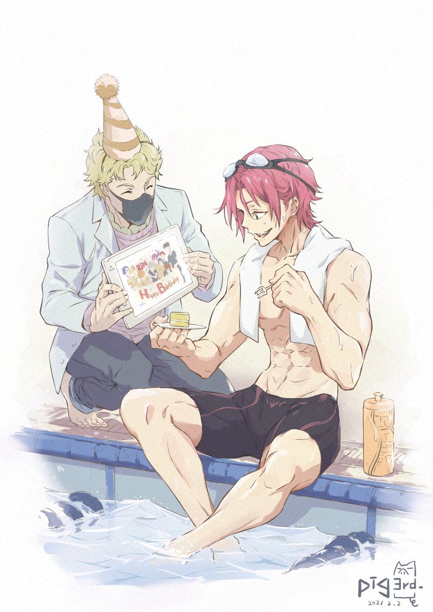 2boys abs absurdres bangs blonde_hair character_request closed_eyes collarbone commentary dated english_commentary fork free! grey_sweater happy_birthday hat highres holding holding_fork jacket male_focus male_swimwear mask matsuoka_rin mouth_mask multiple_boys open_clothes open_jacket open_mouth pants party_hat pig3rd pink_hair red_eyes redhead sitting smile soaking_feet sweater swim_trunks swimwear towel towel_around_neck white_jacket