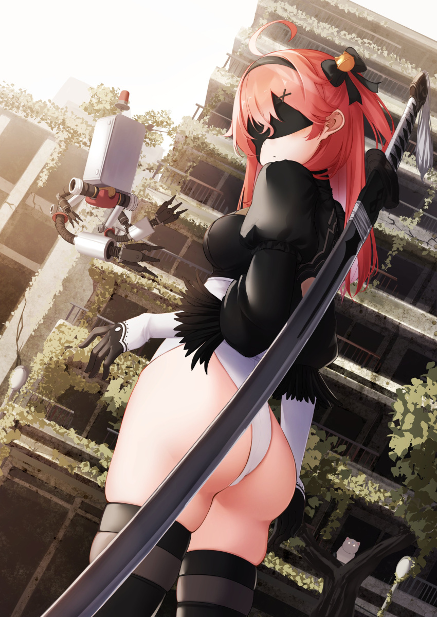 1girl absurdres ahoge ass bell black_bow black_headband blindfold bow breasts city cosplay gloves hair_bell hair_bow hair_ornament headband highres hololive katana leotard medium_breasts nier_(series) nier_automata nyan_(reinyan_007) open_hand overgrown pod_(nier_automata) redhead robot sakura_miko side_ponytail skindentation solo sword thigh-highs virtual_youtuber weapon yorha_no._2_type_b yorha_no._2_type_b_(cosplay)