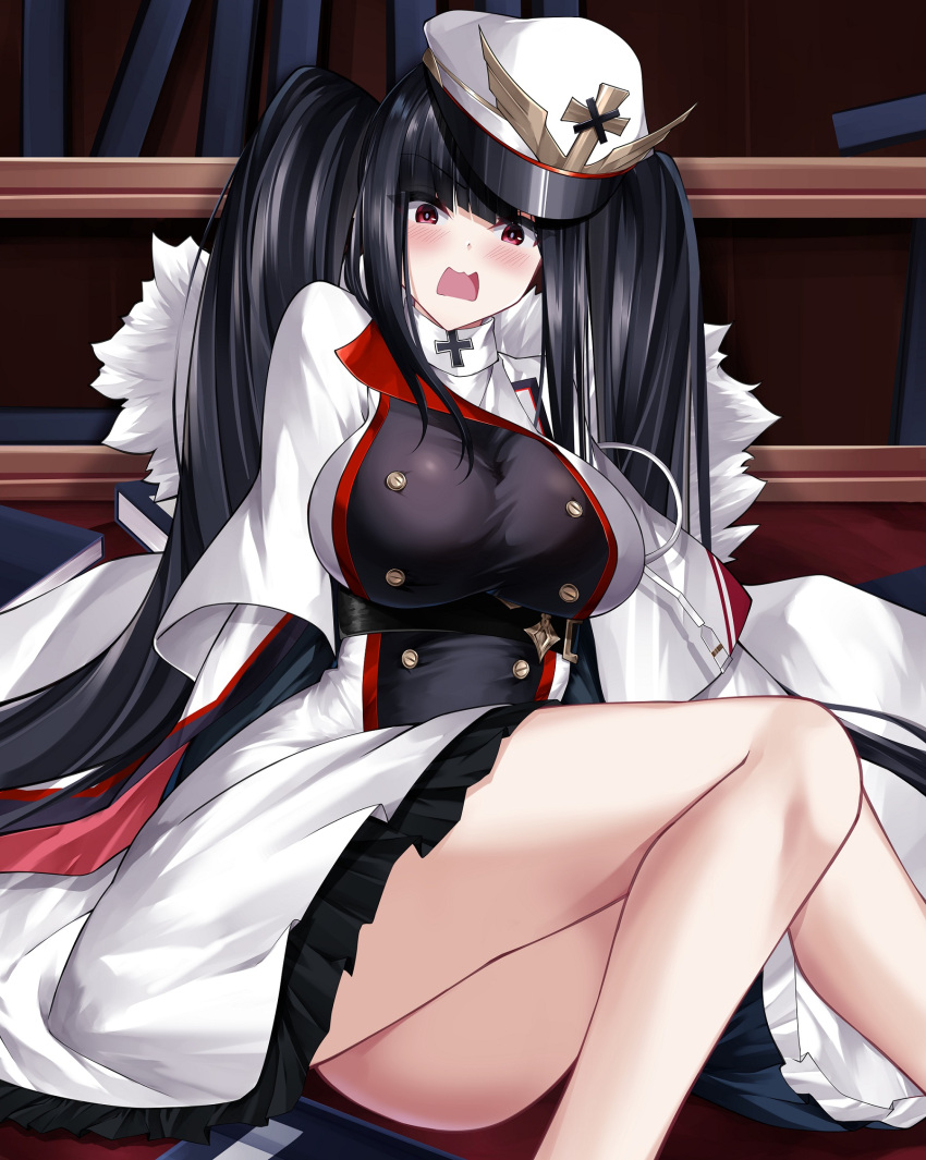 1girl anchor_symbol ass azur_lane bangs black_hair black_skirt blunt_bangs blush book bookshelf breasts cape coat_dress commentary double-breasted dress eyebrows_visible_through_hair fur-trimmed_cape fur_trim hat highres iron_cross large_breasts long_hair looking_at_viewer open_mouth peaked_cap peter_strasser_(azur_lane) red_eyes shadow sidelocks sitting skirt skirt_under_dress solo taut_clothes taut_dress twintails underbust very_long_hair white_cape white_dress white_headwear yan_lie