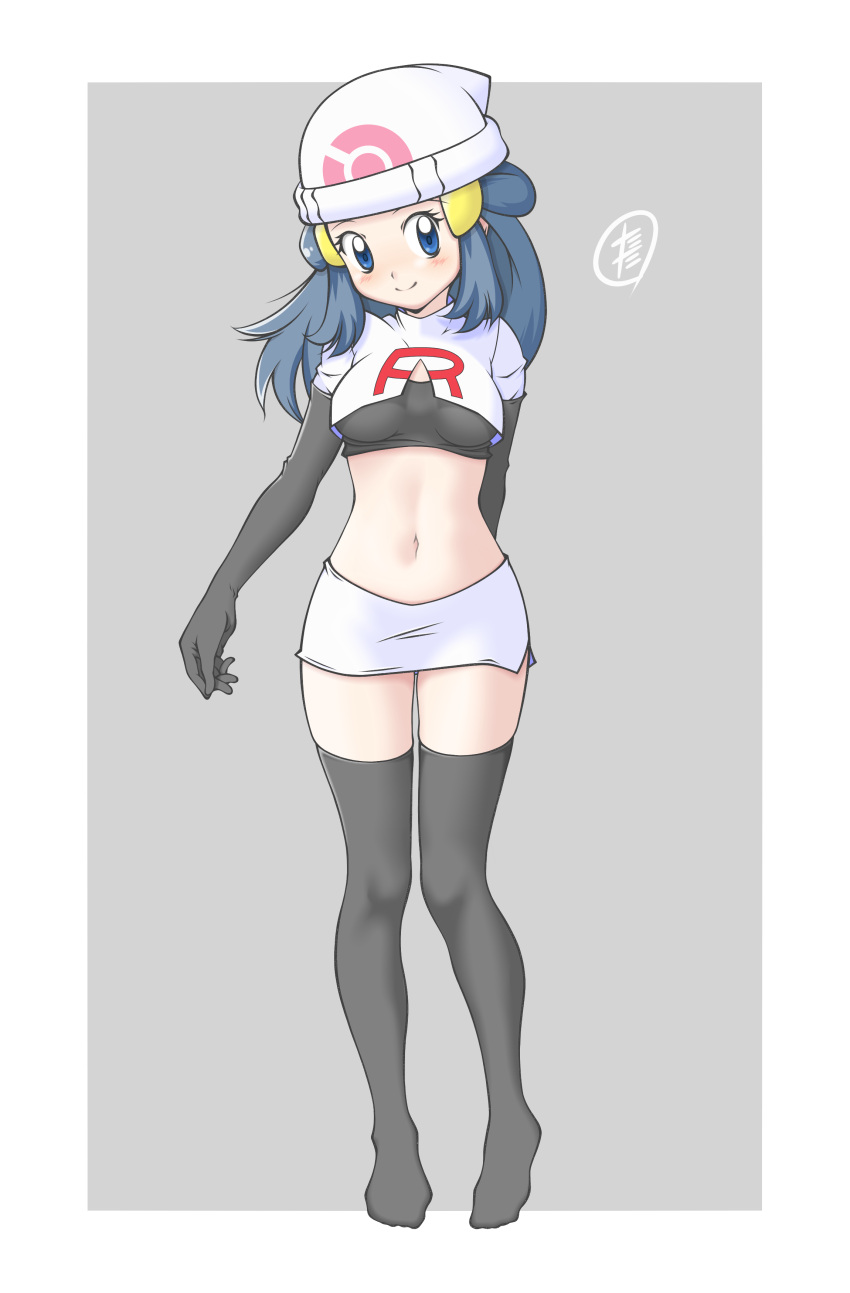 1girl absurdres arm_behind_back beanie black_gloves black_legwear blue_eyes blue_hair blush border breasts closed_mouth commentary_request hikari_(pokemon) elbow_gloves eyelashes full_body gloves hair_ornament hairclip hat highres midriff navel pokemon pokemon_(anime) pokemon_dppt_(anime) skirt smile solo tax2rin team_rocket_uniform thigh-highs white_border white_headwear white_skirt