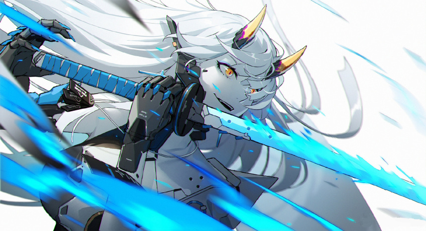 1girl action character_request colored_skin commentary_request cyborg glowing glowing_sword glowing_weapon highres horns joints long_hair mechanical_arms mechanical_hands oni_horns orange_eyes pale_skin punishing:_gray_raven q9q robot_ears robot_joints solo weapon white_hair white_skin