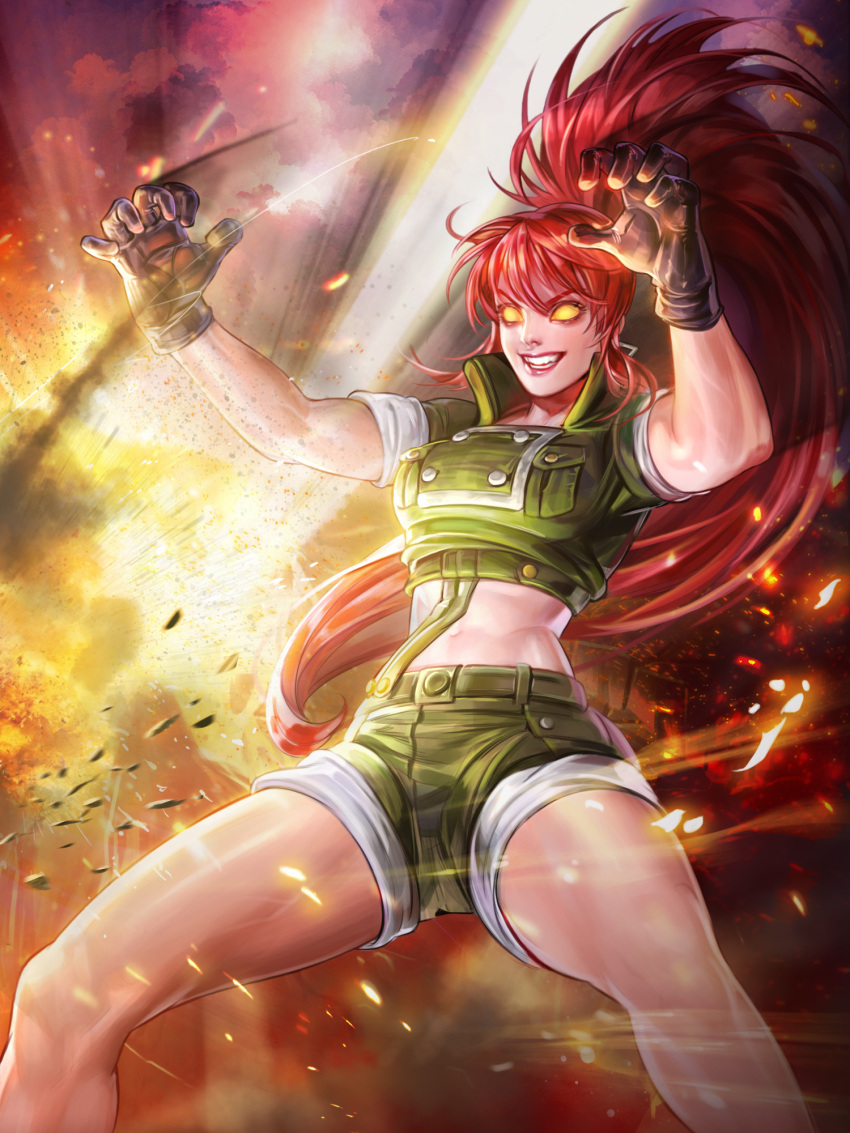 1girl bangs breasts clenched_teeth cropped_jacket dark_persona earrings explosion gloves grin highres jewelry leona_heidern navel official_art orochi_leona ponytail redhead shorts smile solo teeth the_king_of_fighters the_king_of_fighters_all-stars toned yellow_eyes