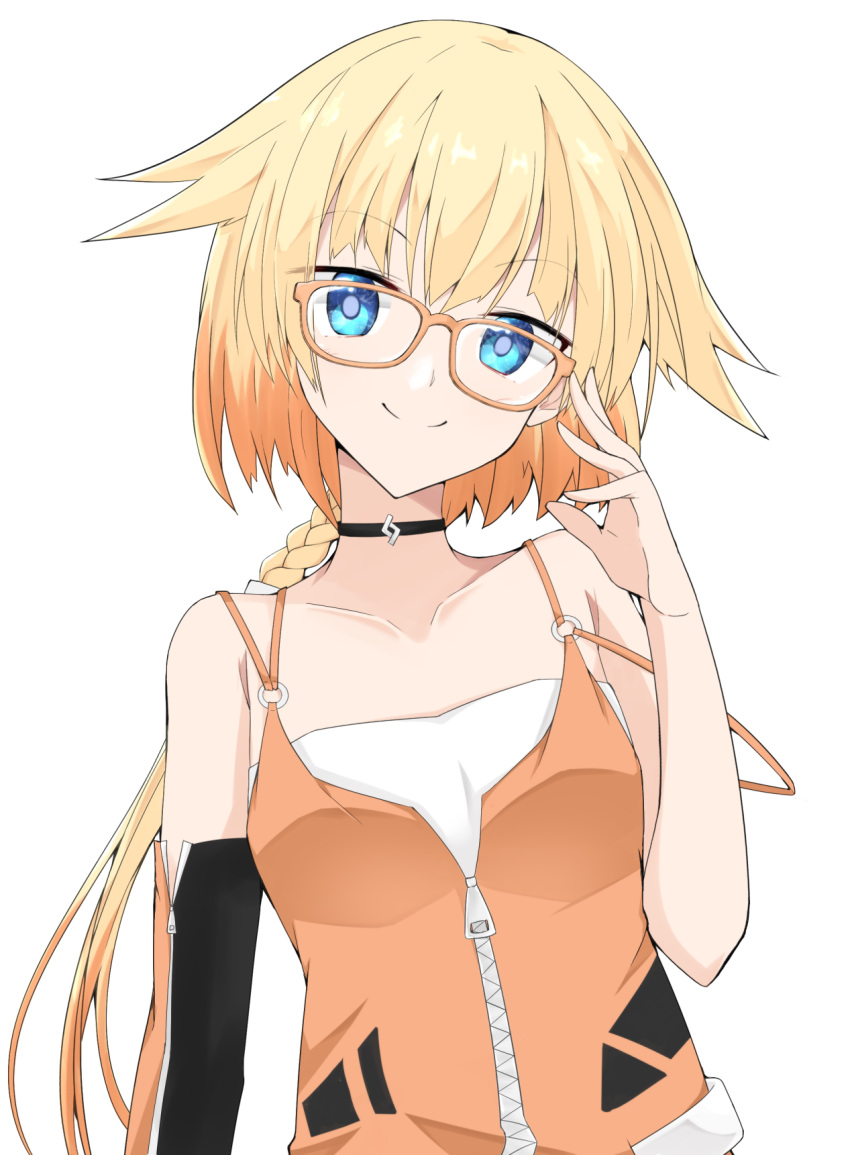 1girl adjusting_eyewear bare_shoulders bespectacled blonde_hair blue_eyes braid cevio collarbone commentary dress glasses gradient_hair hair_flaps highres multicolored_hair one_(cevio) orange-framed_eyewear orange_dress orange_hair sarashi sena_kizahashi short_hair single_arm_warmer smile solo spaghetti_strap upper_body white_background zipper zipper_pull_tab