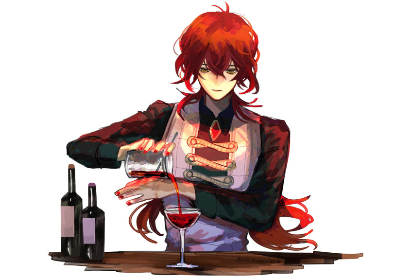 1boy alcohol bartender bottle closed_mouth cup diluc_(genshin_impact) drinking_glass fingernails genshin_impact hair_between_eyes highres holding holding_cup long_hair male_focus populamalus pouring red_nails redhead simple_background solo white_background wine_glass yellow_eyes