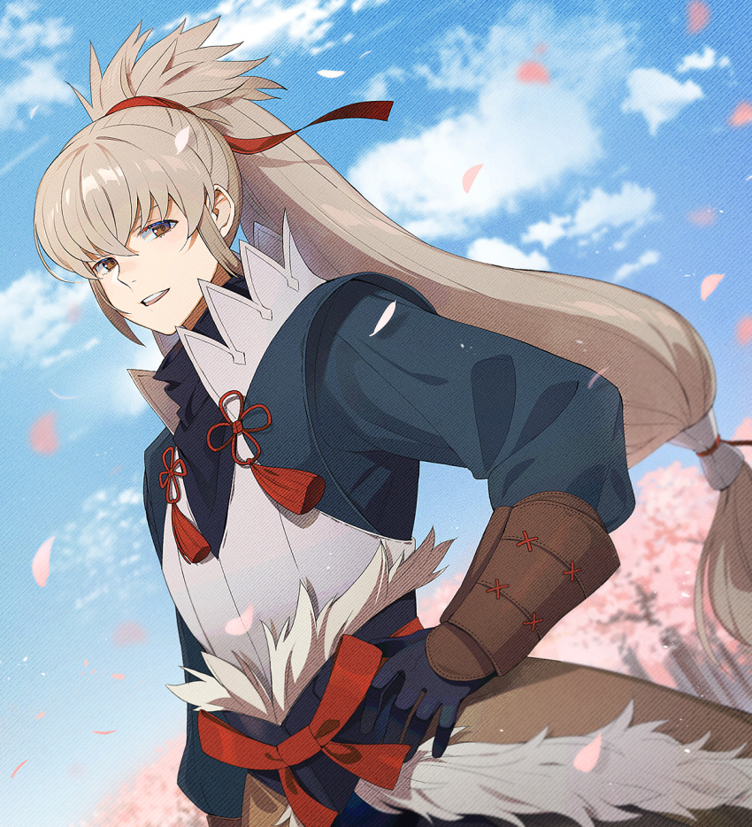 1boy brown_eyes cherry_blossoms clouds commentary_request fire_emblem fire_emblem_fates gloves highres kyufe long_hair male_focus open_mouth ponytail sky smile solo takumi_(fire_emblem) tree vambraces very_long_hair white_hair