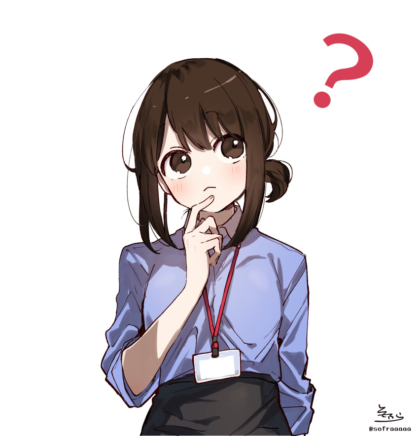 1girl ? absurdres bangs black_skirt blue_shirt blush breasts brown_eyes brown_hair closed_mouth collared_shirt commentary_request douki-chan_(yomu_(sgt_epper)) eyebrows_visible_through_hair ganbare_douki-chan hand_up head_tilt highres office_lady ponytail shirt short_sleeves sidelocks signature simple_background skirt small_breasts sofra solo twitter_username white_background