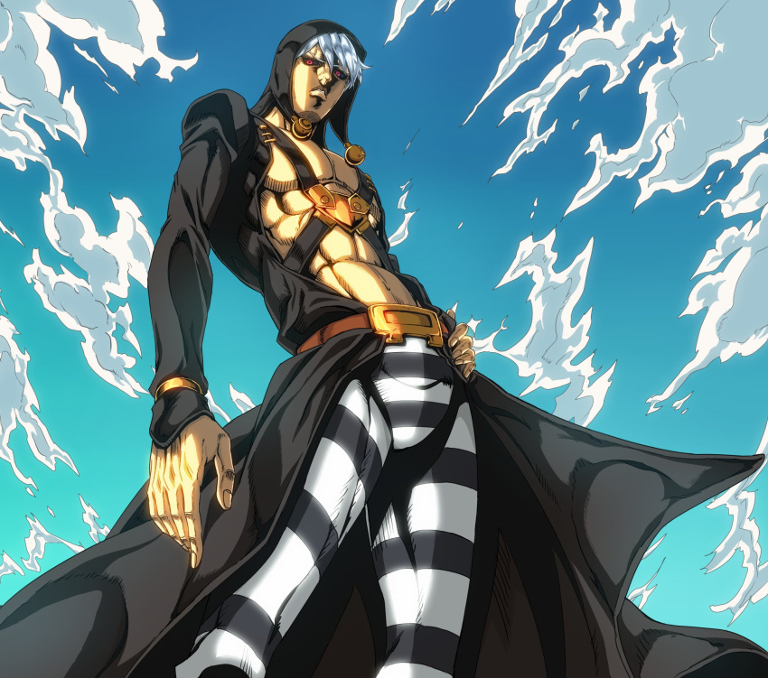 1boy abs belt black_coat black_headwear black_pants black_sclera blue_sky chest_harness clouds coat colored_sclera commentary_request from_below hand_on_hip harness hat hat_bobbles highres ishimoto_shun'ichi jojo_no_kimyou_na_bouken long_coat looking_at_viewer looking_down male_focus official_style open_clothes open_coat pants parted_lips pectorals red_eyes risotto_nero short_hair silver_hair sky solo striped striped_pants toned toned_male vento_aureo white_pants