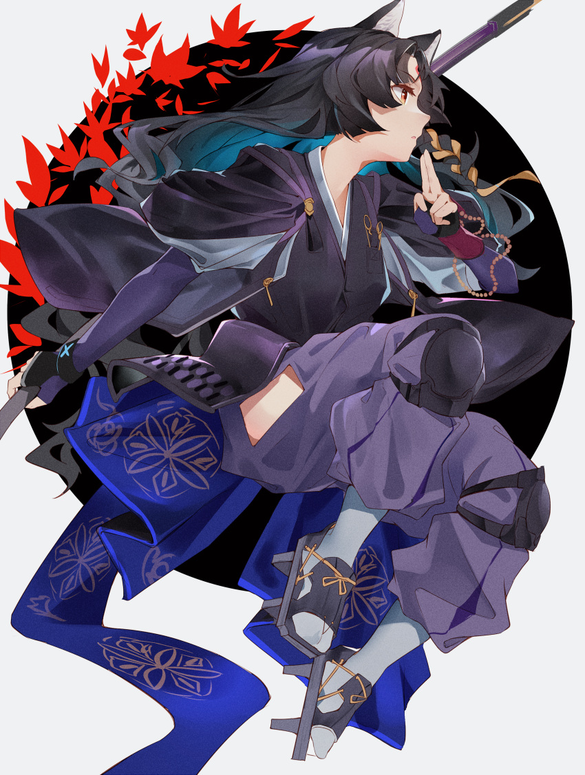 absurdres animal_ear_fluff animal_ears arknights black_footwear black_hair black_kimono blue_hair braid colored_inner_hair dog_ears dog_girl elbow_gloves faulds fingerless_gloves forehead full_body geta gloves highres hip_vent holding holding_weapon japanese_clothes kimono kirschma knee_pads long_hair looking_away multicolored_hair pants parted_lips profile puffy_pants purple_gloves purple_pants red_eyes saga_(arknights) side_braid tabi tasuki two-tone_background two-tone_hair v-shaped_eyebrows weapon