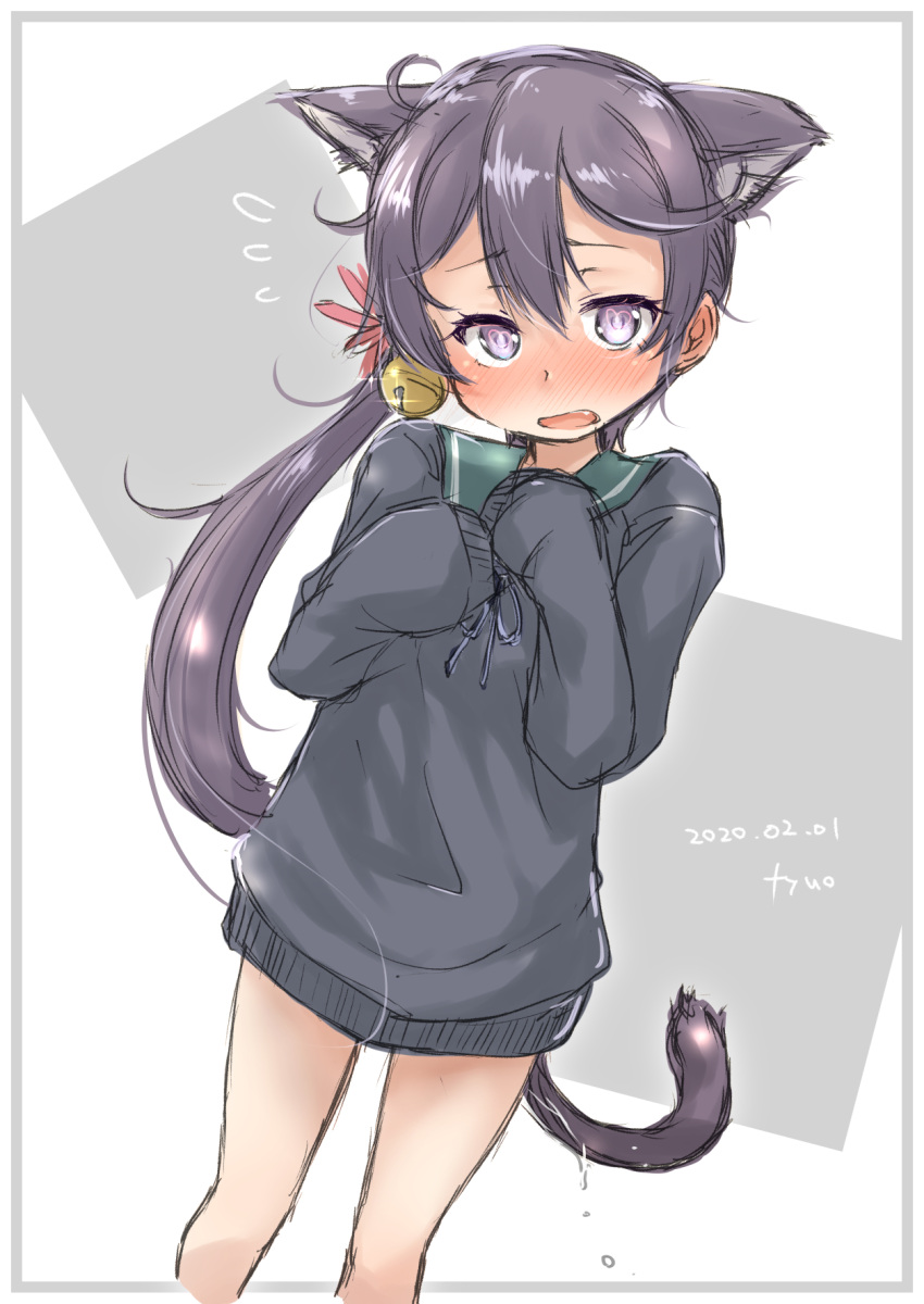 1girl akebono_(kantai_collection) animal_ears artist_name bell black_sweater blue_sailor_collar cat_ears cat_tail dated feet_out_of_frame flower flying_sweatdrops fyuo grey_hair hair_bell hair_flower hair_ornament highres jingle_bell kantai_collection long_hair open_mouth sailor_collar school_uniform serafuku side_ponytail sleeves_past_fingers sleeves_past_wrists solo standing sweater tail two-tone_background very_long_hair violet_eyes white_background