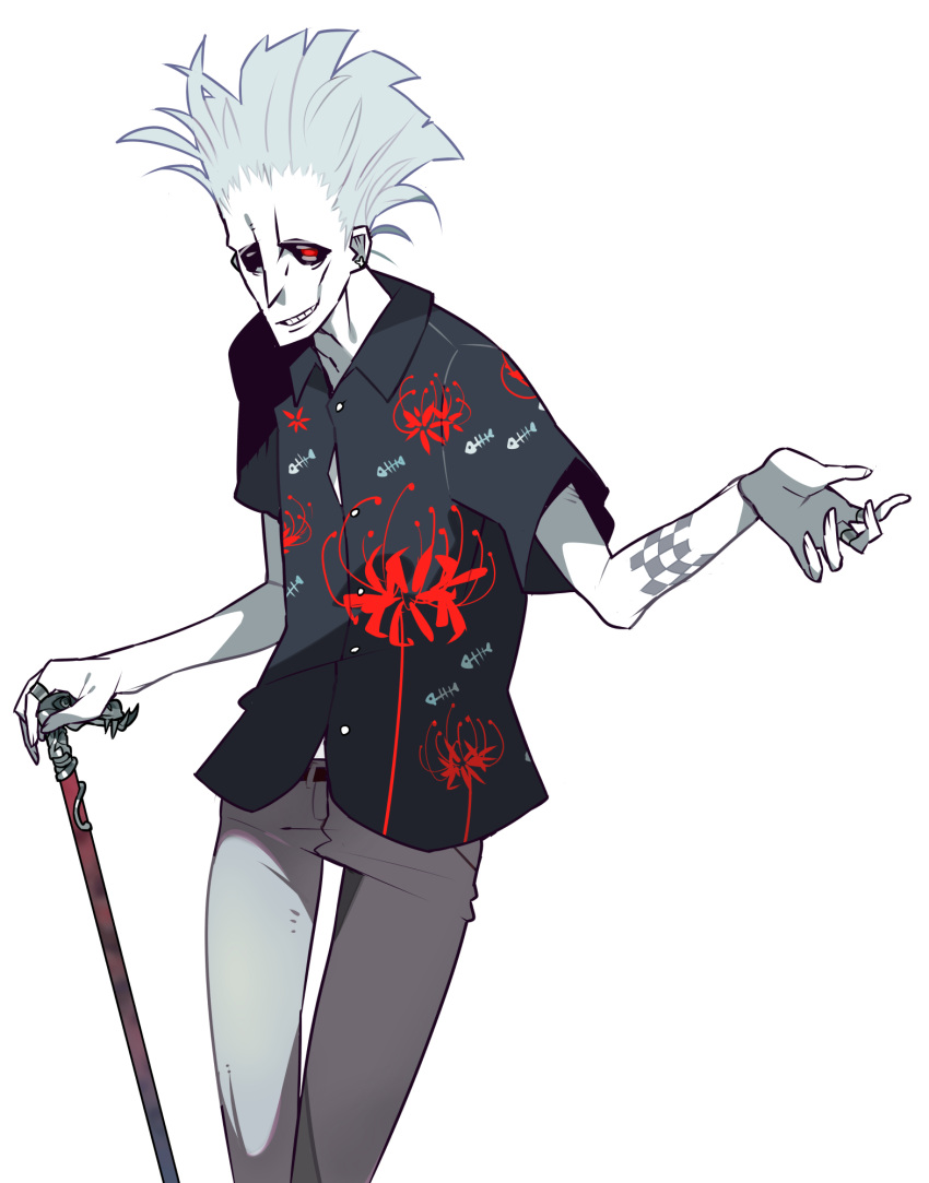 1boy arm_tattoo belt cane colored_skin fish_bone floral_print flower grey_hair highres holding holding_cane jewelry kometsubu male_focus original red_eyes red_flower ring simple_background smile smirk solo spider_lily tattoo teeth white_background white_skin