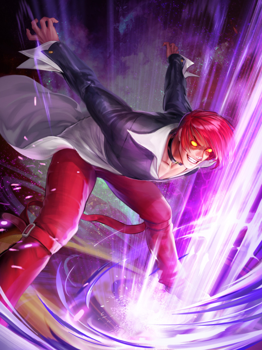 arms_up choker cropped_jacket dark_persona fire grin hair_over_one_eye highres hunched_over official_art orochi_iori pants possessed purple_fire pyrokinesis red_pants redhead shirt smile snk the_king_of_fighters the_king_of_fighters_all-stars white_shirt yagami_iori yellow_eyes