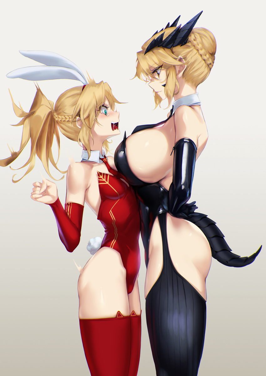 2girls alternate_costume animal_band_legwear animal_ears artoria_pendragon_(all) artoria_pendragon_(lancer_alter) ass asymmetrical_docking bangs bare_shoulders black_gloves black_neckwear blonde_hair blueorca braid breast_press breasts bunny_tail cat_band_legwear closed_mouth collarbone commentary cowboy_shot crown_braid detached_collar dragon_tail elbow_gloves expressionless face-to-face fake_animal_ears fake_tail fate/grand_order fate_(series) french_braid from_side gloves grey_background hair_between_eyes hand_on_hip hand_up height_difference highleg highleg_leotard highres horns huge_breasts large_breasts leotard long_hair looking_at_another looking_down mordred_(fate) mordred_(fate)_(all) multiple_girls necktie open_mouth playboy_bunny profile rabbit_ears red_legwear red_leotard red_neckwear shiny shiny_clothes short_hair sidelocks skindentation small_breasts tail tearing_up thigh-highs yellow_eyes