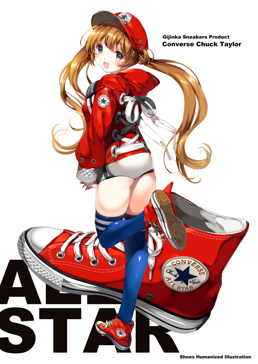 1girl baseball_cap blue_legwear brown_hair commentary_request converse cross-laced_clothes english_text hat high_tops highres hood hoodie long_hair looking_at_viewer open_mouth original pale_skin personification red_footwear red_headwear red_hoodie shimesaba_kohada shoes shorts smile sneakers solo thigh-highs twintails white_background white_shorts zettai_ryouiki
