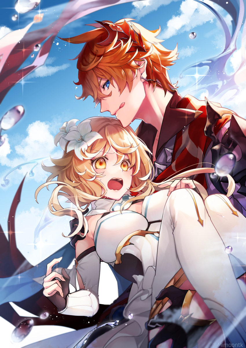 1boy 1girl :o absurdres blonde_hair blue_eyes blue_sky blush carrying clouds dress earrings fingerless_gloves genshin_impact gloves hand_on_another's_thigh highres jewelry looking_at_viewer lumine_(genshin_impact) mimoontk open_mouth orange_hair princess_carry red_scarf scarf sky tartaglia_(genshin_impact) tongue tongue_out water wavy_mouth white_dress white_legwear yellow_eyes