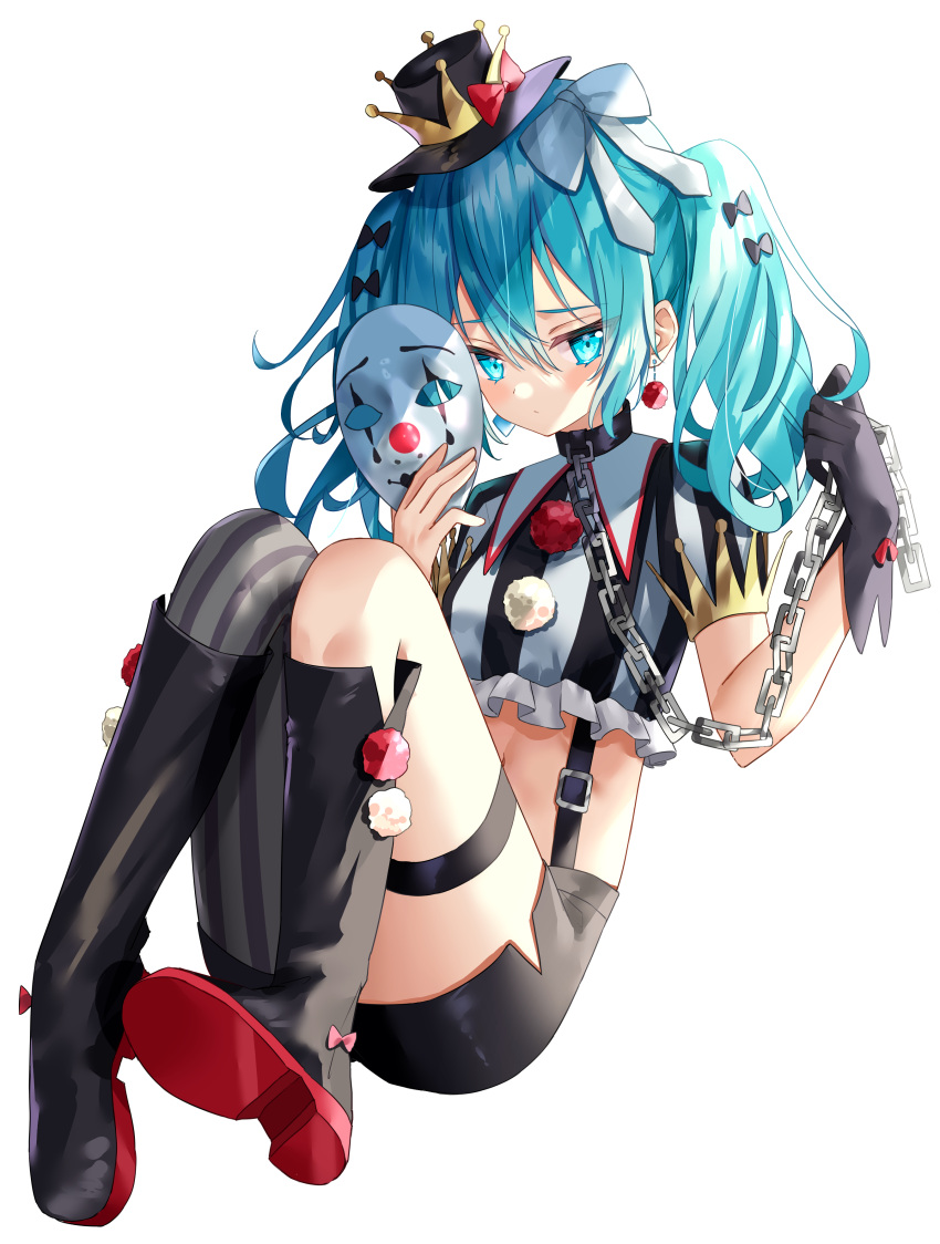 1girl absurdres black_footwear black_gloves black_headwear black_shorts blue_eyes blue_hair boots bow chain collared_shirt crop_top earrings frilled_shirt frills gloves hair_bow hands_up hat hatsune_miku highres holding jewelry knees_up long_hair looking_at_viewer mask mask_removed midriff navel shirt short_shorts shorts simple_background single_glove single_leg_pantyhose sinobi_illust solo striped striped_shirt suspenders thigh_strap thighs top_hat twintails vocaloid white_background