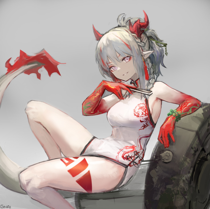1girl arknights bangs bare_shoulders bead_bracelet beads bracelet braid breasts china_dress chinese_clothes commentary dress gnai grey_background highres holding horns jewelry long_hair looking_at_viewer medium_breasts multicolored_hair nian_(arknights) nian_(unfettered_freedom)_(arknights) official_alternate_costume parted_lips pointy_ears redhead silver_hair simple_background sitting sleeveless sleeveless_dress solo streaked_hair tail thighs violet_eyes white_dress