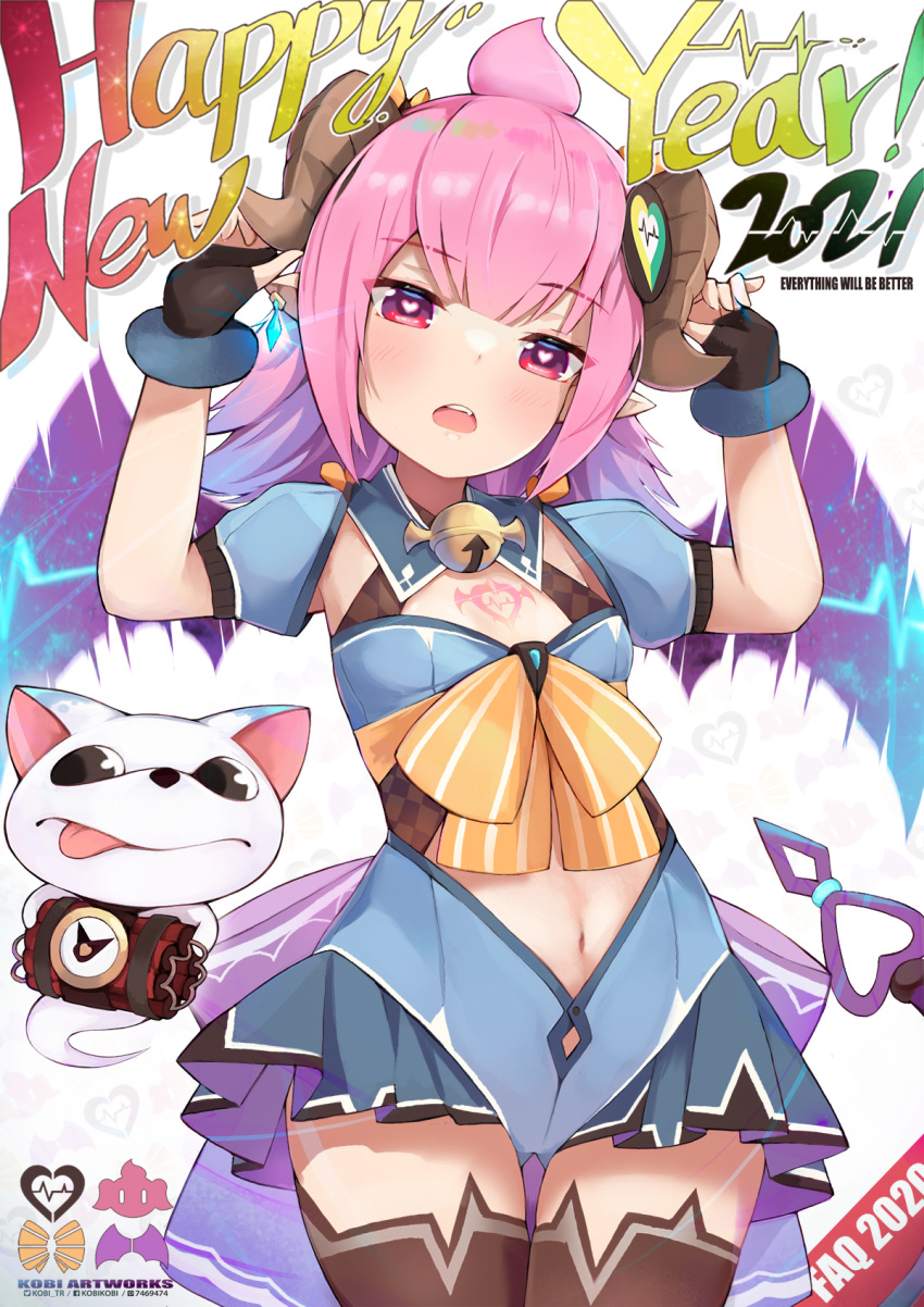 2021 animal_ears artist_name bangs bow chest_tattoo cleavage_cutout clothing_cutout demon_girl demon_horns demon_wings english_text flat_chest fox_ears ghost gradient_hair happy_new_year heart heart-shaped_pupils highres holding holding_scroll horns kobi_(piliheros2000) medium_hair multicolored_hair navel new_year original pink_eyes pink_hair pointy_ears purple_hair scroll symbol-shaped_pupils tattoo thigh-highs tongue tongue_out wings yellow_bow