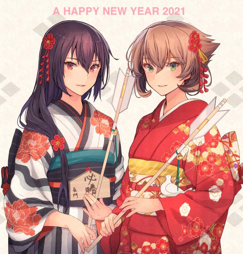 2021 2girls alternate_costume arrow_(projectile) bangs black_hair brown_hair commentary_request ema green_eyes hair_between_eyes hair_ornament hamaya happy_new_year highres japanese_clothes kantai_collection kasumi_(skchkko) kimono long_hair long_sleeves looking_at_viewer multiple_girls mutsu_(kantai_collection) nagato_(kantai_collection) new_year obi print_kimono red_eyes sash short_hair smile wide_sleeves