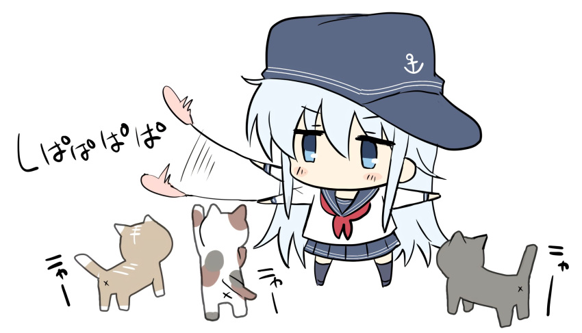 1girl anchor_symbol animal bangs blue_eyes blue_headwear blue_skirt blush_stickers cat cat_teaser chibi eyebrows_visible_through_hair flat_cap hat hibiki_(kantai_collection) highres hizuki_yayoi kantai_collection long_hair long_sleeves neckerchief no_mouth red_neckwear sailor_collar school_uniform serafuku silver_hair simple_background skirt standing white_background