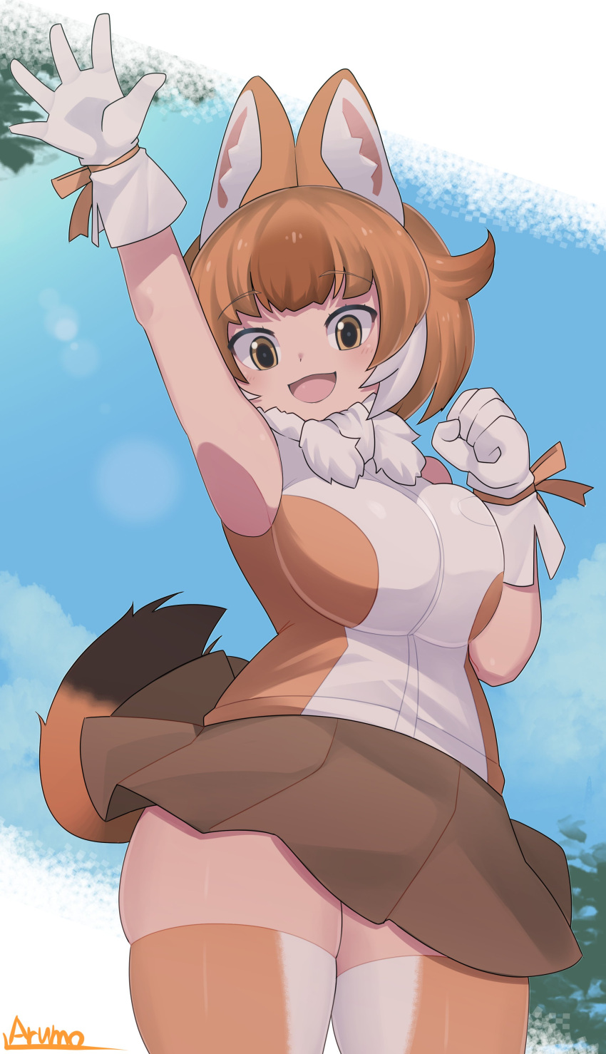 1girl absurdres animal_ears bangs breast_squeeze breasts brown_eyes brown_hair brown_skirt clenched_hand dhole_(kemono_friends) eyebrows_visible_through_hair highres jumping kemono_friends large_breasts open_hand open_mouth ryuusui_arumo short_hair skindentation skirt smile solo tail thick_thighs thigh-highs thighs waving