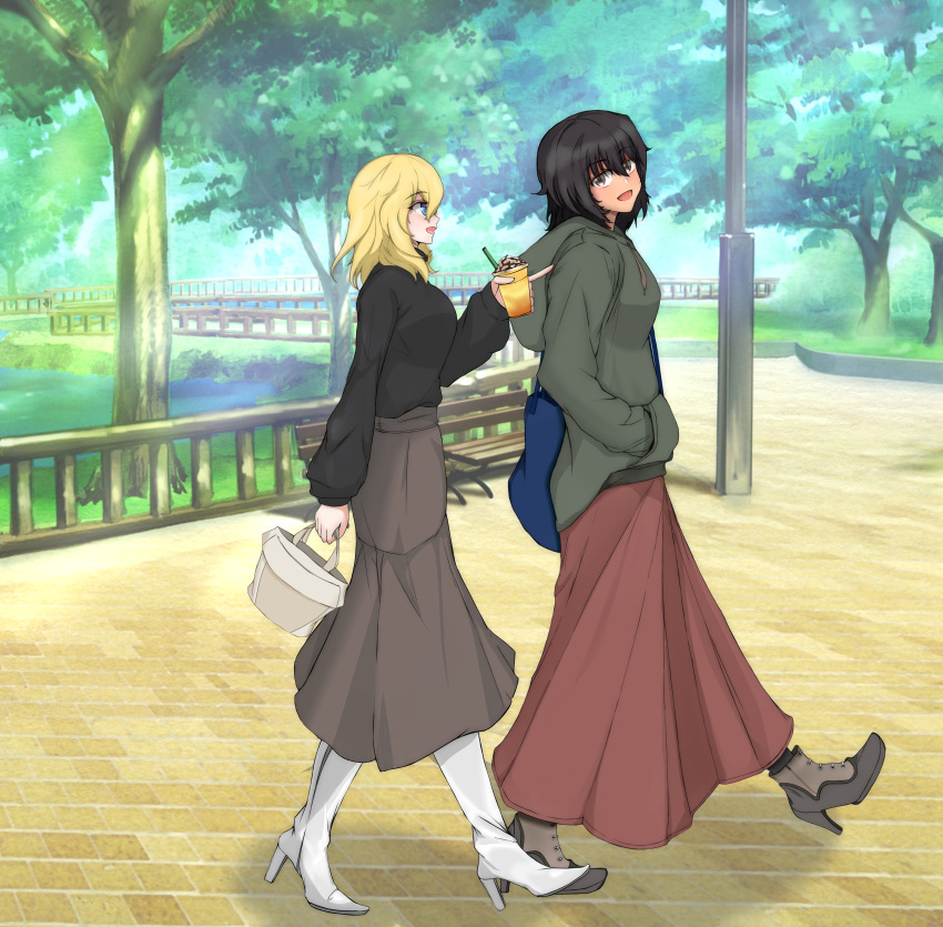 2girls absurdres andou_(girls_und_panzer) ankle_boots bag bangs bench black_hair black_shorts blonde_hair blue_eyes boots brown_eyes brown_skirt carrying cast closed_mouth commentary_request cup dark_skin dark-skinned_female day disposable_cup drinking_straw eyebrows_visible_through_hair from_side girls_und_panzer grey_footwear grey_jacket hand_in_pocket handbag high-waist_skirt high_heel_boots high_heels highres holding holding_cup hood hood_down hoodie huge_filesize jacket lamppost long_skirt long_sleeves looking_at_viewer medium_hair messy_hair multiple_girls open_mouth oshida_(girls_und_panzer) outdoors park park_bench partial_commentary pointing shibainutank shorts skirt smile standing tree walking walkway white_footwear