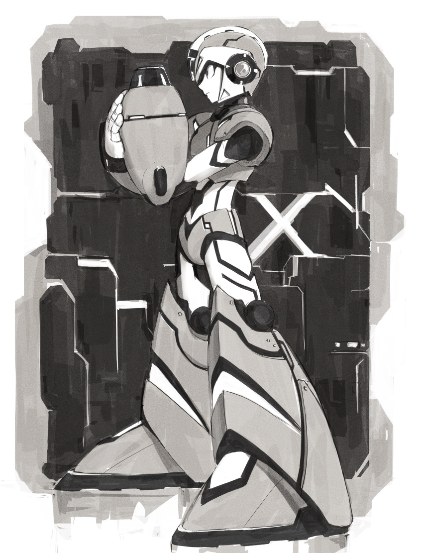 1boy absurdres android arm_cannon armor character_name closed_mouth commentary_request from_side full_body gloves greyscale hand_on_own_arm helmet highres hoshi_mikan male_focus mega_man_(series) mega_man_x_(character) mega_man_x_(series) monochrome profile redesign robot_ears solo standing weapon