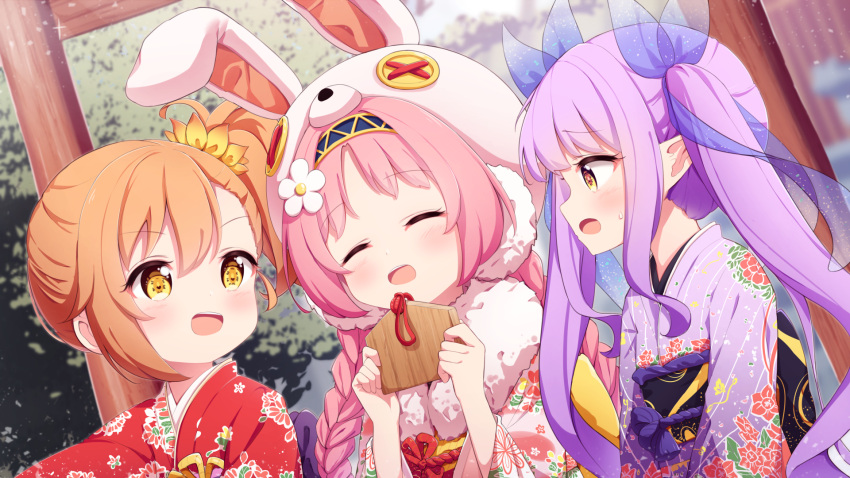 3girls :d animal_ears animal_hat bangs blue_ribbon blush braid brown_eyes brown_hair bunny_hat commentary_request earmuffs ema eyebrows_visible_through_hair fake_animal_ears floral_print flower fur_collar hair_between_eyes hair_flower hair_ornament hair_ribbon hands_up hat highres holding japanese_clothes kimono kyouka_(princess_connect!) long_hair long_sleeves low_twintails mimi_(princess_connect!) misogi_(princess_connect!) multiple_girls obi open_mouth pink_headwear pink_kimono princess_connect! princess_connect!_re:dive print_kimono purple_hair purple_kimono rabbit_ears red_kimono ribbon sash see-through setmen side_ponytail smile torii twin_braids twintails upper_body very_long_hair wide_sleeves yellow_flower