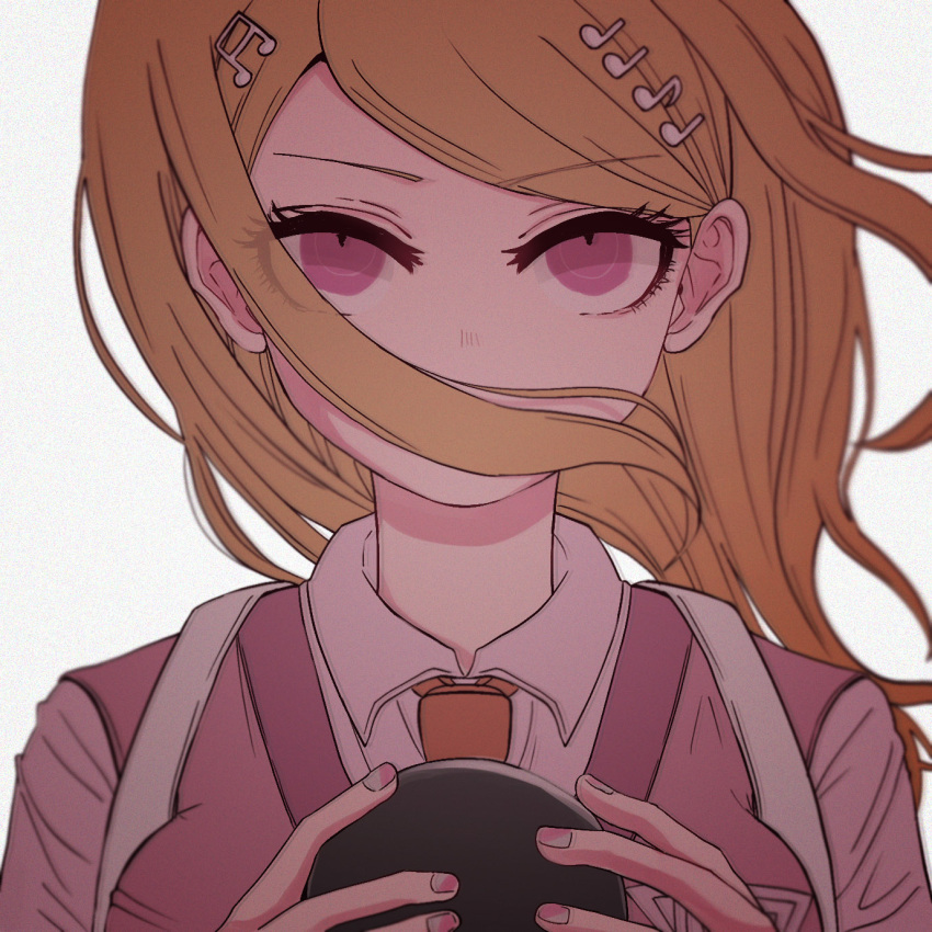 1girl ahoge akamatsu_kaede bangs blonde_hair breasts collared_shirt commentary_request dangan_ronpa_(series) dangan_ronpa_v3:_killing_harmony eyebrows_visible_through_hair hair_ornament hair_over_mouth hands_up highres holding large_breasts long_hair long_sleeves looking_at_viewer musical_note_hair_ornament necktie nerine_fujikawa orange_neckwear pink_vest portrait serious shirt simple_background solo vest white_background white_shirt
