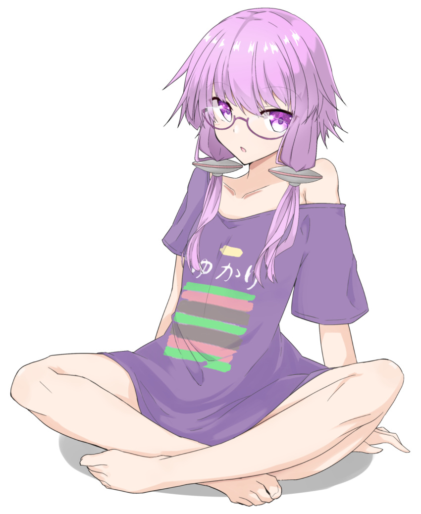 1girl arm_support arms_behind_back barefoot bespectacled character_name clothes_writing collarbone commentary glasses hair_tubes highres indian_style looking_at_viewer purple-framed_eyewear purple_hair purple_shirt sena_kizahashi shirt short_hair_with_long_locks sidelocks sitting solo violet_eyes vocaloid voiceroid white_background yuzuki_yukari
