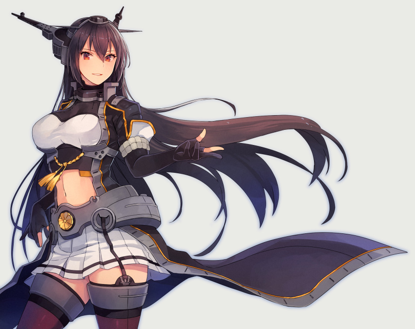 1girl bangs black_coat black_gloves black_hair breasts coat cowboy_shot crop_top elbow_gloves fingerless_gloves gloves grey_background hair_between_eyes headgear highres kantai_collection kasumi_(skchkko) large_breasts long_hair looking_at_viewer midriff miniskirt nagato_(kantai_collection) navel open_clothes open_coat pleated_skirt red_eyes remodel_(kantai_collection) simple_background skirt smile solo standing thigh-highs white_skirt