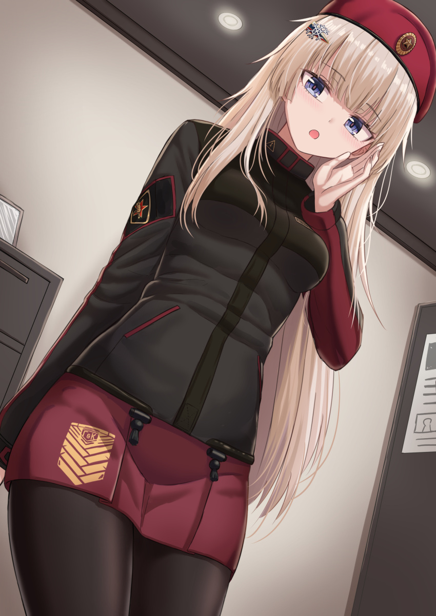 1girl ak-74m_(girls_frontline)_(rabochicken) beret blue_eyes dutch_angle girls_frontline grifon_&amp;_kryuger hair_ornament hand_on_own_face hat highres long_hair md5_mismatch open_mouth original pantyhose russian_flag silver_hair skirt snowflake_hair_ornament solo sweatshirt very_long_hair yakob_labo