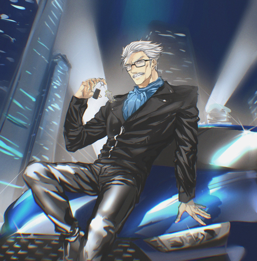 1boy black-framed_eyewear black_footwear black_suit blue_neckwear car facial_hair fate/grand_order fate_(series) formal glasses glint grey_hair ground_vehicle highres james_moriarty_(fate) keychain long_sleeves looking_at_viewer male_focus motor_vehicle mustache night night_sky old old_man on_vehicle outdoors sitting sky skylight solo suit trstfx_(lina)