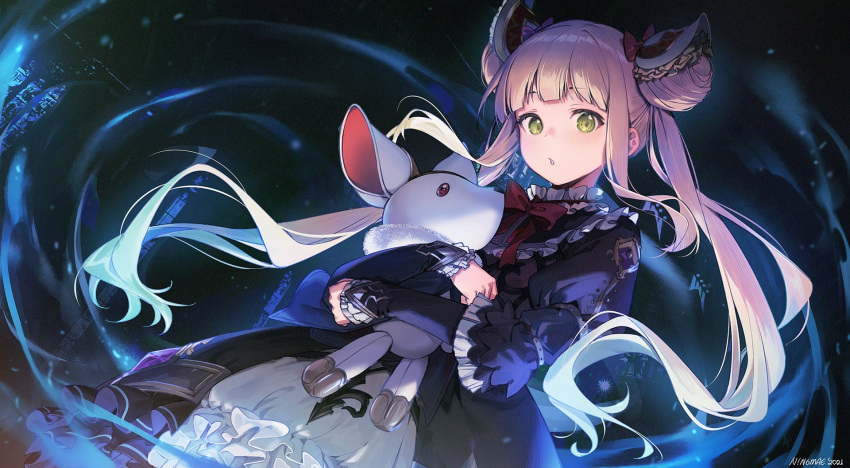 1girl artist_name commentary dark_background double_bun dutch_angle english_commentary gothic_lolita green_eyes hair_ornament highres holding holding_stuffed_toy light_brown_hair lolita_fashion long_hair long_sleeves looking_at_viewer luna_(shadowverse) ninomae_ina'nis_(artist) parted_lips shadowverse solo stuffed_animal stuffed_toy twintails upper_body