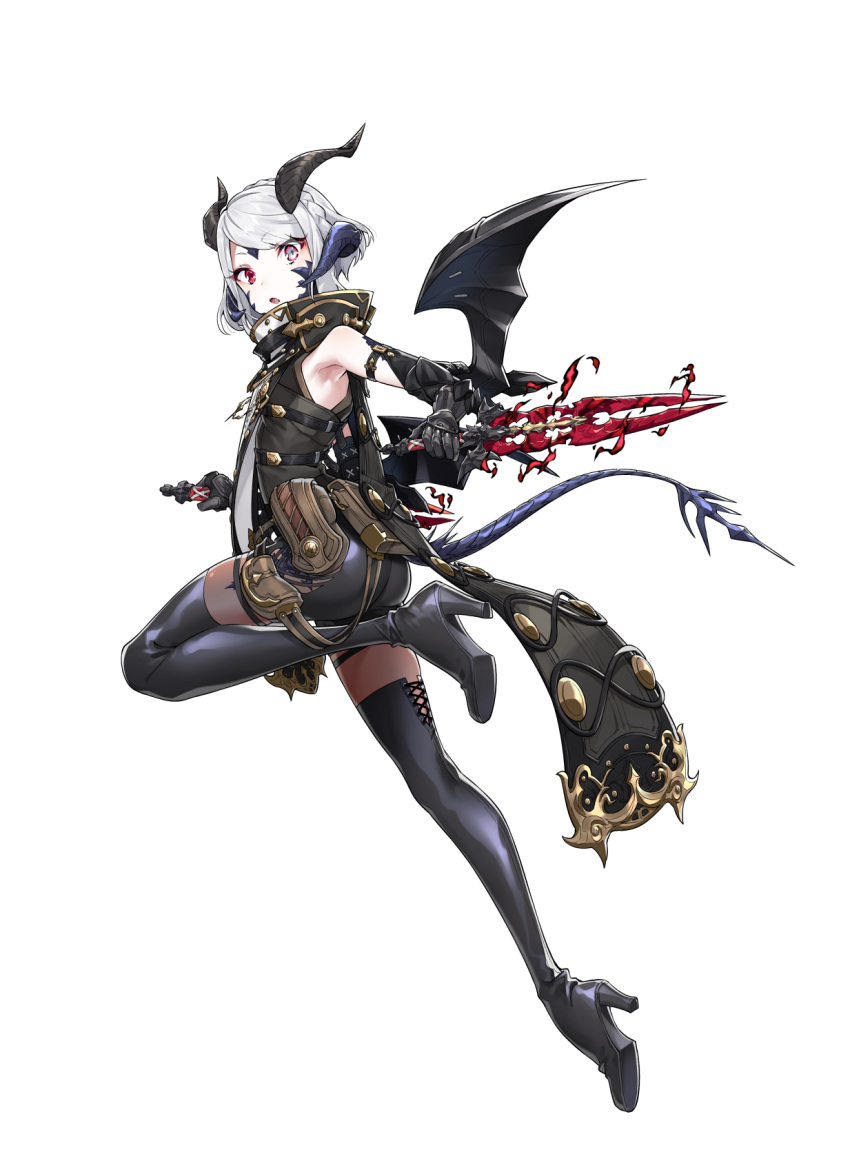 1girl ass au_ra black_footwear boots dagger dragon_horns dragon_tail dragon_wings dual_wielding final_fantasy final_fantasy_xiv heterochromia high_heel_boots high_heels highres holding holding_dagger holding_weapon horns looking_at_viewer multiple_horns ninja_(final_fantasy) parted_lips red_eyes reverse_grip short_hair solo tail thigh-highs thigh_boots vest weapon westxost_(68monkey) white_hair wide-eyed wings