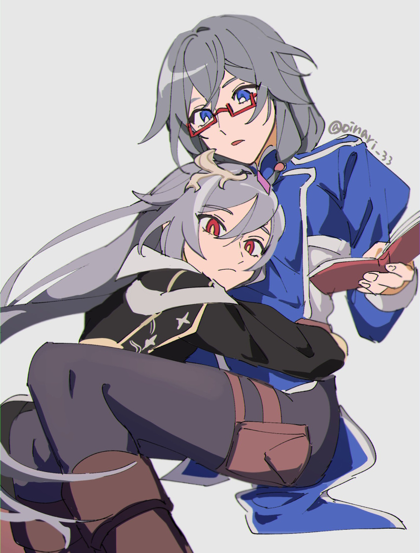 2girls bangs black_jacket black_pantyhose blue_eyes blue_jacket book boots brown_footwear character_request closed_mouth feet_out_of_frame fu_hua fu_hua_(herrscher_of_sentience) fu_hua_(valkyrie_accipiter) glasses grey_background grey_hair hair_between_eyes highres holding holding_book honkai_(series) honkai_impact_3rd jacket juliet_sleeves long_hair long_sleeves multiple_girls pantyhose parted_lips puffy_sleeves red-framed_eyewear red_eyes selfcest semi-rimless_eyewear simple_background twitter_username uehara_suiyo under-rim_eyewear very_long_hair yuri