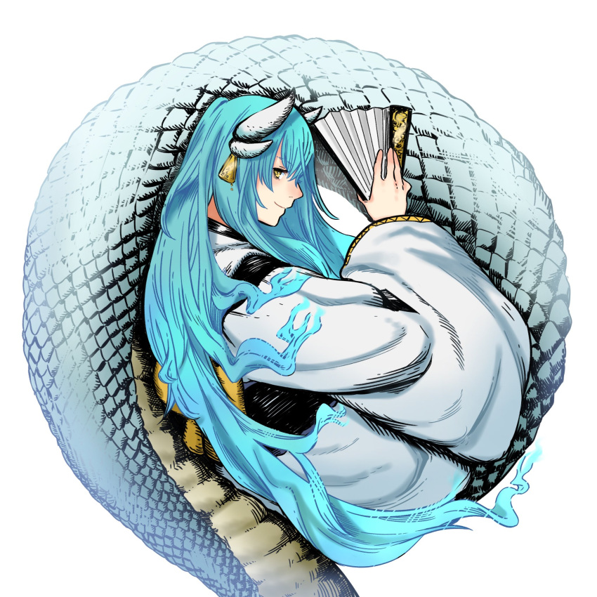 1girl blue_hair check_copyright closed_mouth copyright_request ear_tag eyebrows_visible_through_hair fan fate_(series) folding_fan hatching_(texture) highres holding holding_fan horns kiyohime_(fate) kosai lamia light_blue_hair long_hair monster_girl multiple_horns scales simple_background slit_pupils smile solo very_long_hair white_background yellow_eyes