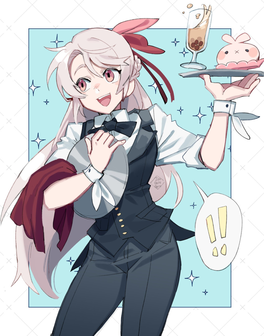 !! 1girl black_neckwear blush blush_stickers braid bubble_tea butler cup grey_hair hair_between_eyes highres holding holding_plate jin_gingin long_hair open_mouth original patterned patterned_background pink_eyes plate signature smile solo sparkle speech_bubble teeth tongue upper_teeth very_long_hair