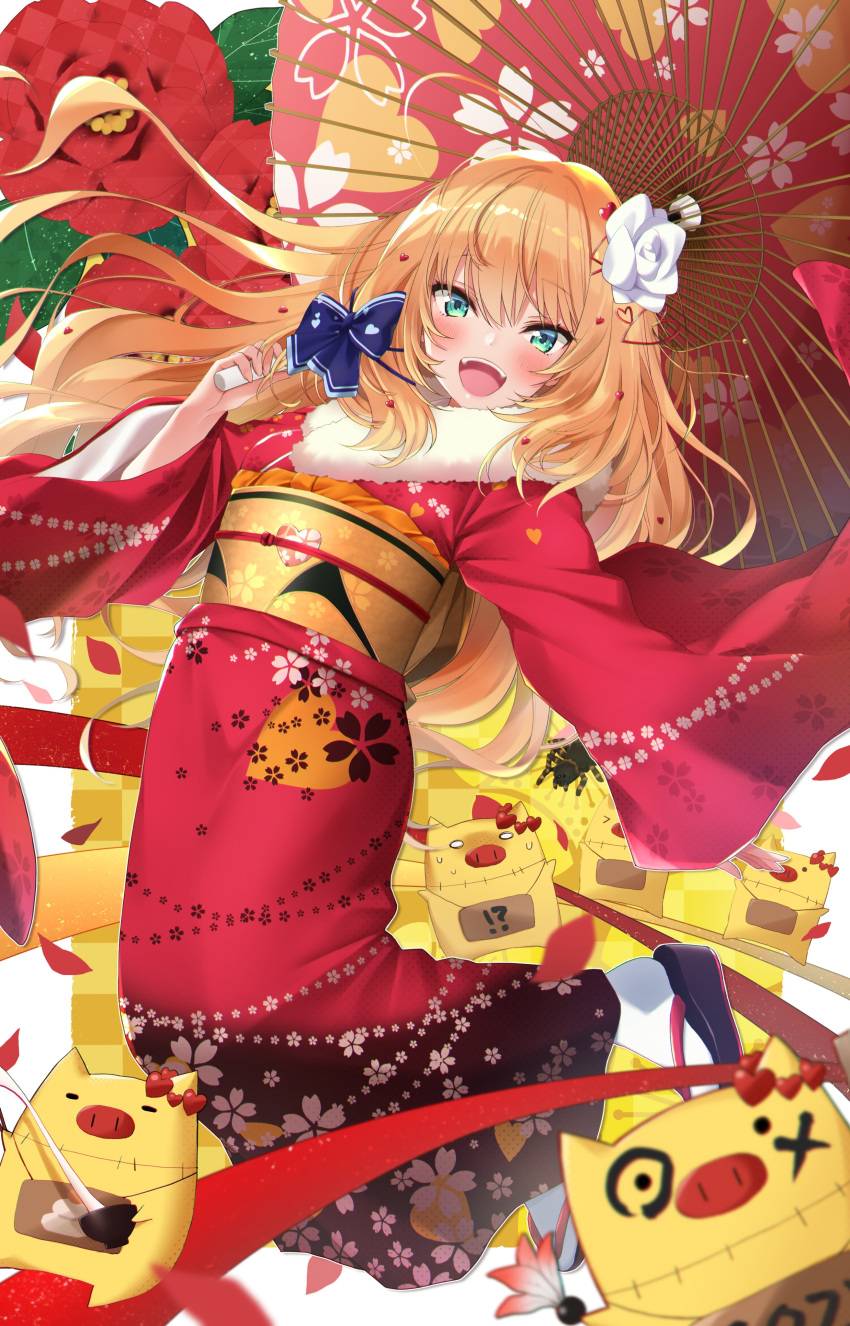 1girl :d absurdres akai_haato blonde_hair blue_eyes blush bowl cherry_blossom_print fang floral_print flower geta haaton_(akai_haato) hair_flower hair_ornament hair_ribbon heart heart_hair_ornament highres hololive japanese_clothes kimono long_hair makinan mochi o_o obi open_mouth parasol ribbon sash smile umbrella