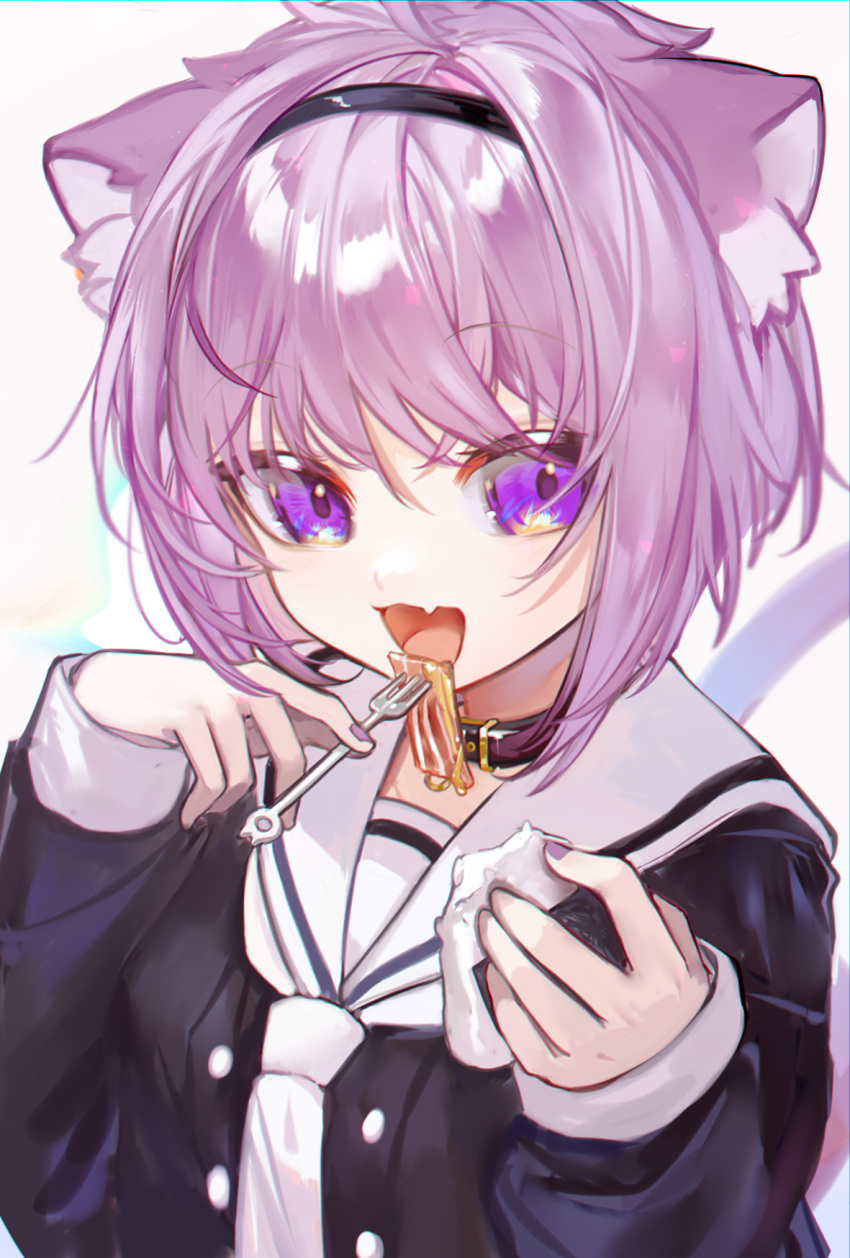 1girl :3 :d ahoge animal_collar animal_ear_fluff animal_ears bangs black_blouse black_collar blouse buttons cat_ears cat_girl cat_tail collar double-breasted eating fang food fork hair_between_eyes hairband highres holding holding_food holding_fork hololive long_sleeves looking_at_viewer neckerchief nekomata_okayu onigiri open_mouth purple_hair sailor_collar school_uniform serafuku short_hair simple_background skin_fang sleeve_cuffs smile solo tail tanuki_k violet_eyes virtual_youtuber white_background white_neckwear