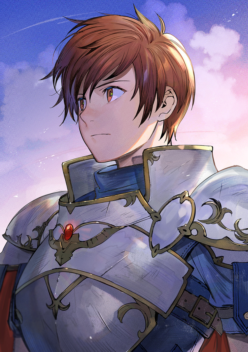 1boy armor breastplate brown_eyes brown_hair buckle clouds commentary_request fire_emblem fire_emblem:_thracia_776 fire_emblem_heroes highres kyufe leif_(fire_emblem) male_focus pauldrons shoulder_armor sky solo strap