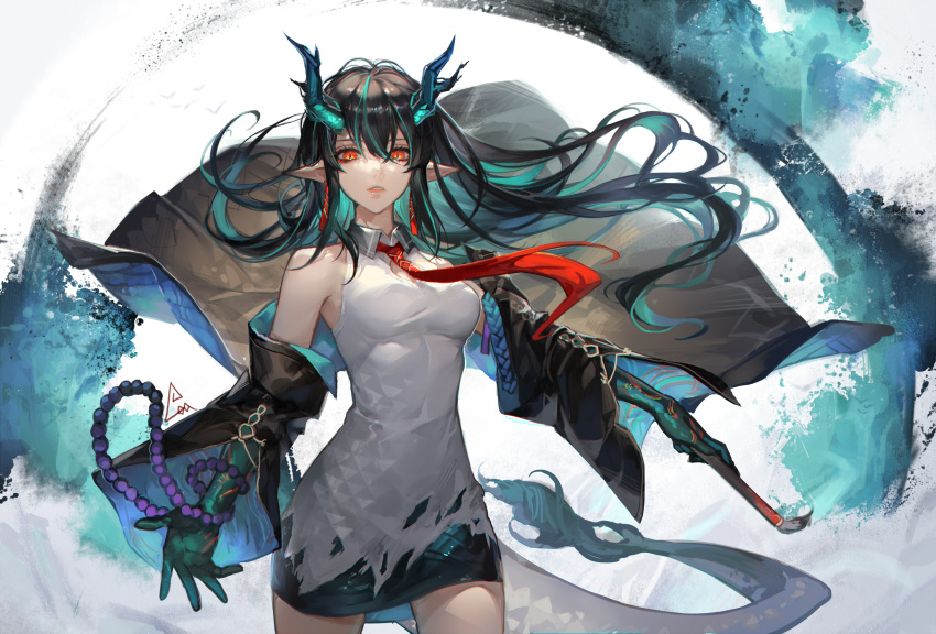 1girl aqua_eyes arknights bangs beads black_coat black_hair breasts calligraphy_brush chinese_commentary coat collared_dress commentary_request cowboy_shot dragon_girl dragon_horns dragon_tail dress dusk_(arknights) earrings elbow_gloves floating_hair gloves gradient_hair green_gloves hair_between_eyes highres holding holding_brush horns jewelry long_hair long_sleeves looking_at_viewer medium_breasts multicolored_hair necktie off_shoulder open_clothes open_coat paintbrush parted_lips red_eyes red_neckwear signature simple_background solo spade-m tail very_long_hair white_background white_dress wide_sleeves