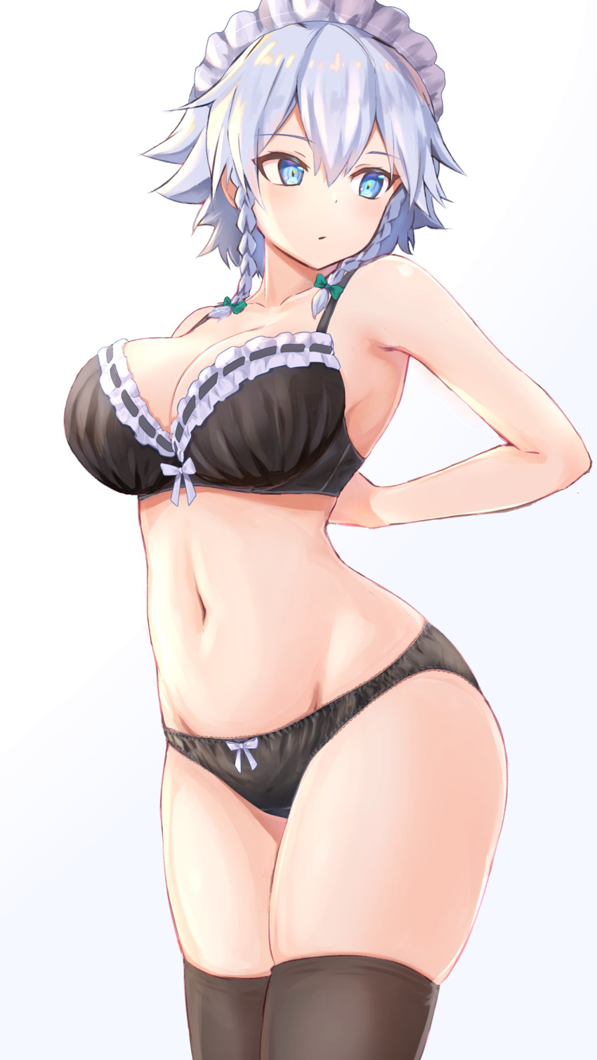 1girl bare_arms bare_shoulders black_bra black_legwear black_panties blue_eyes bow bow_bra bow_panties bra braid breasts forneus_0 green_bow hair_bow highres izayoi_sakuya large_breasts looking_to_the_side maid_headdress navel panties ribbon-trimmed_bra short_hair silver_hair simple_background solo standing stomach thigh-highs touhou twin_braids underwear underwear_only white_background