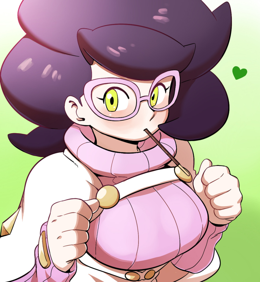 1girl big_hair blush breasts clenched_hands commentary_request eyelashes food glasses green_background green_eyes hands_up heart highres long_sleeves mouth_hold nutkingcall pink-framed_eyewear pocky pokemon pokemon_(game) pokemon_sm purple_hair ribbed_sweater solo sweater upper_body wicke_(pokemon)